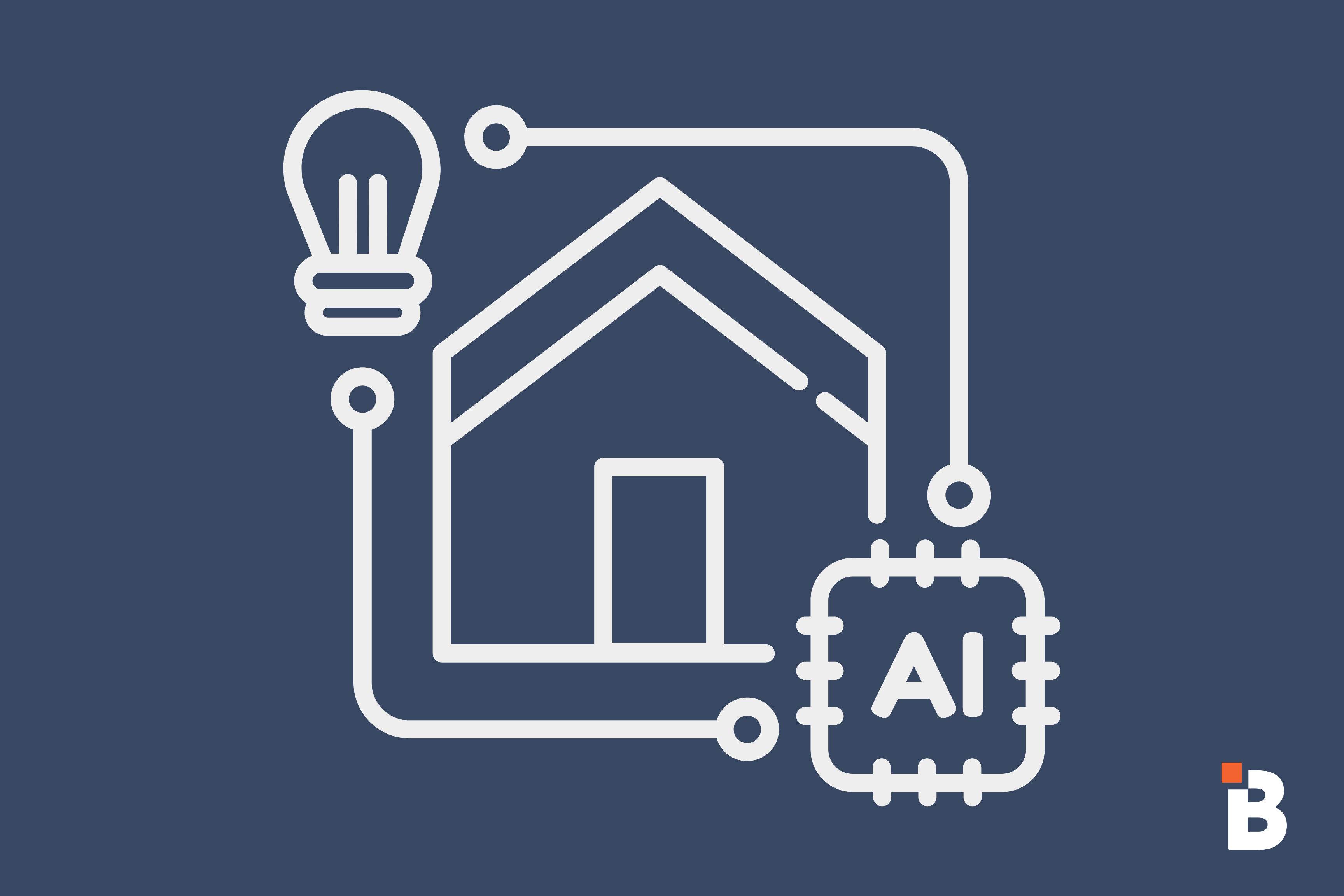 AI home search: line icon of a house connected to a light bulb and an AI chip