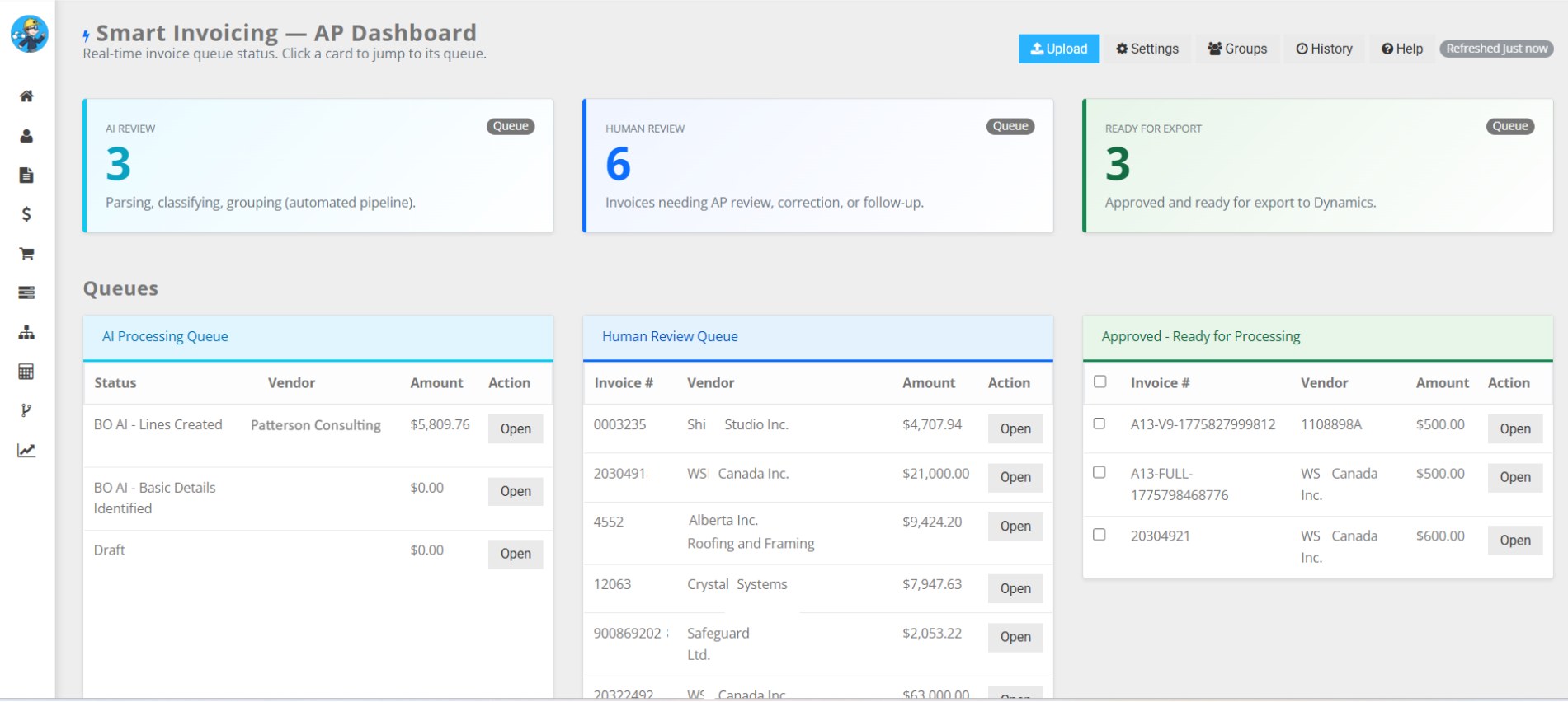 Smart Invoicing AP dashboard: invoices moving through the AI processing queue, human review queue and approved-for-export queue