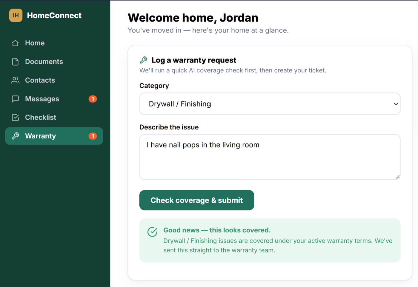HomeConnect warranty request: a homeowner reports nail pops and the AI coverage check confirms it is covered