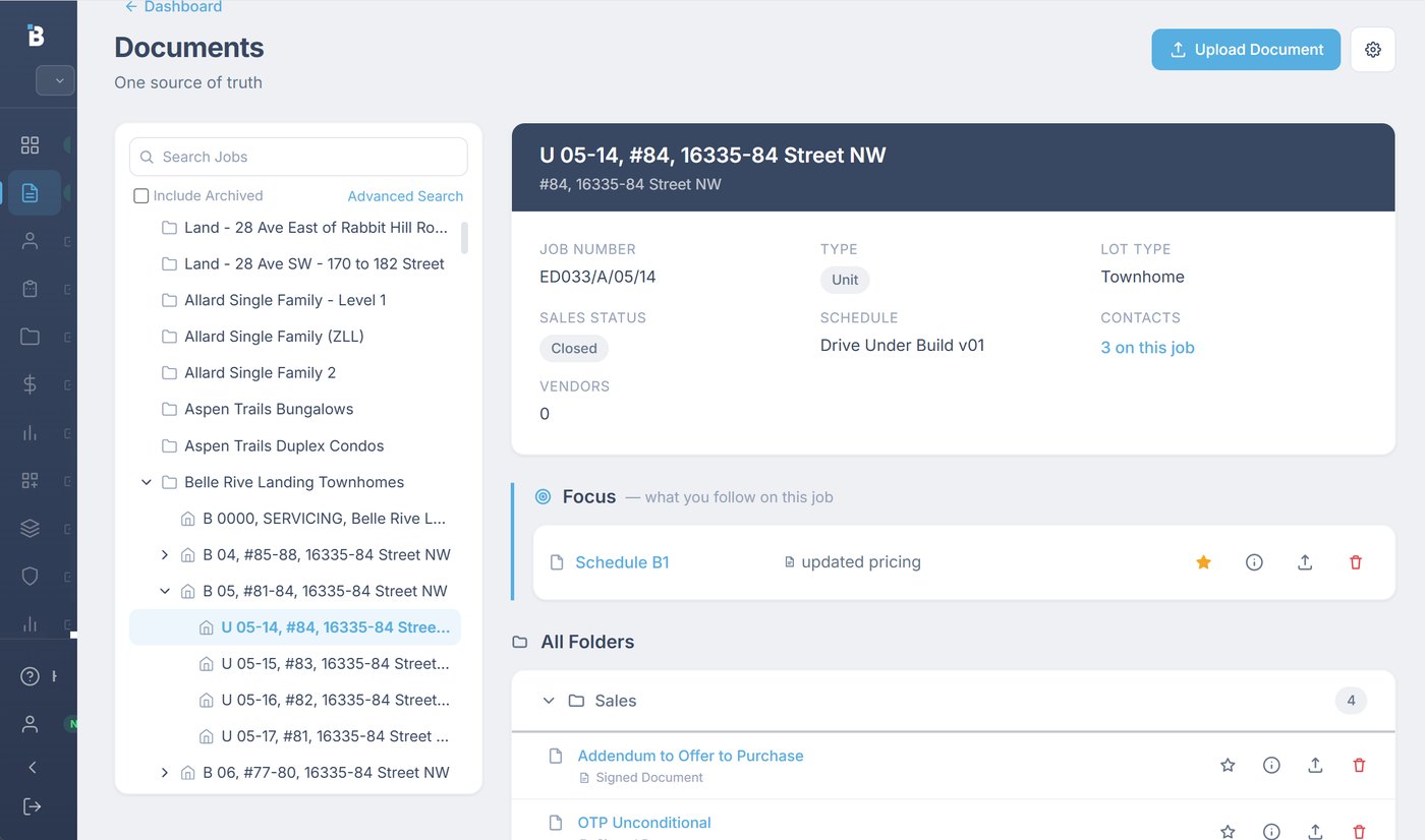 BuildBase Documents: job folder tree beside a townhome unit’s job details, followed documents and sales folder