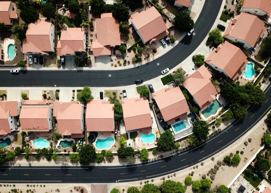 High-volume home builder: aerial view of a finished suburban community
